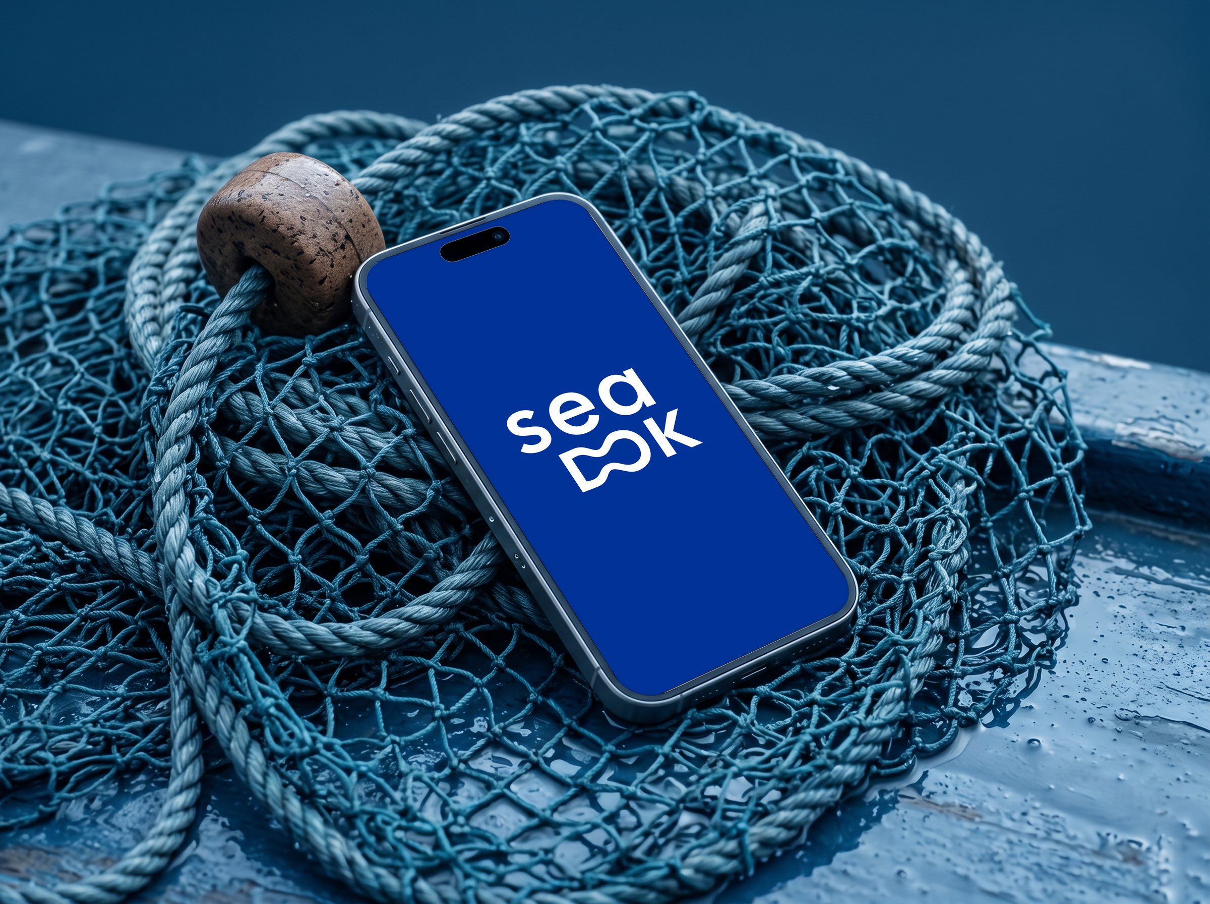 Mobiltelefon med SeaDok-appen, lagt på et fiskegarn med korkflottør
